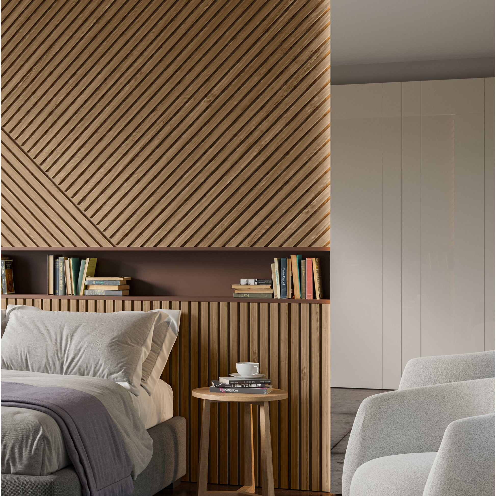 €49,90al mq - pacco da 3,6mq (due aste) 22x600x3000mm di Rivestimento ACUSTICO Pet e polimeri LAMELLI vari decori - Eternal Parquet