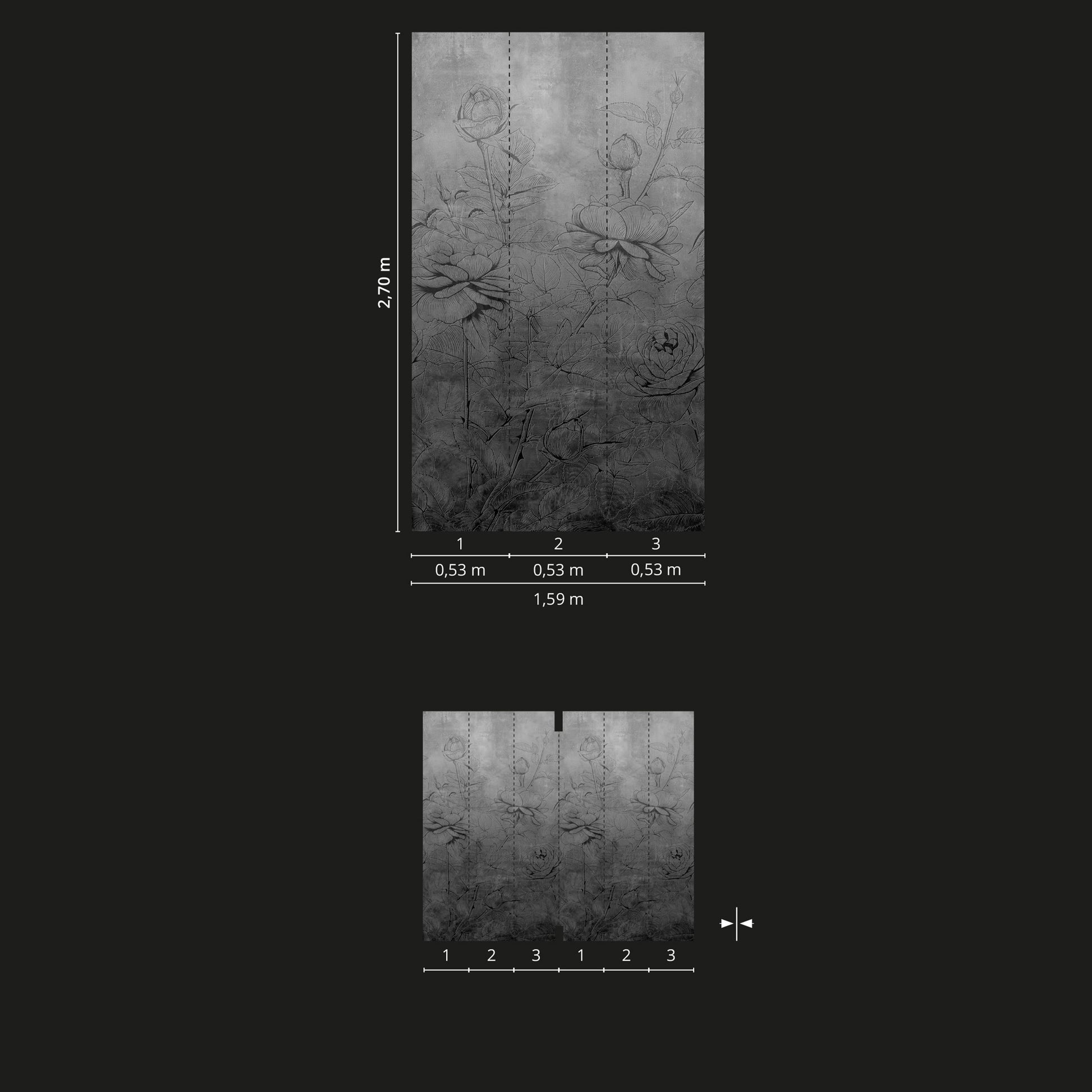 Pannello 159x270cm di Carta da Parati TNT a modulo raccordabile continuativo Voyager FLOWERBW - Eternal Parquet