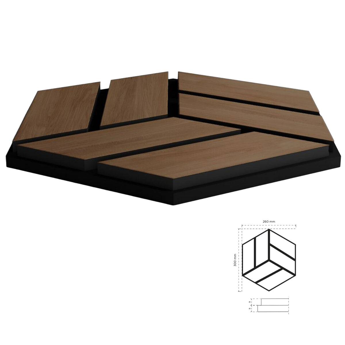 Pannello acustico professionale decorativo Esagonale 300x260x18mm in VERO LEGNO+Pet+Mdf "varie essenze" - Eternal Parquet