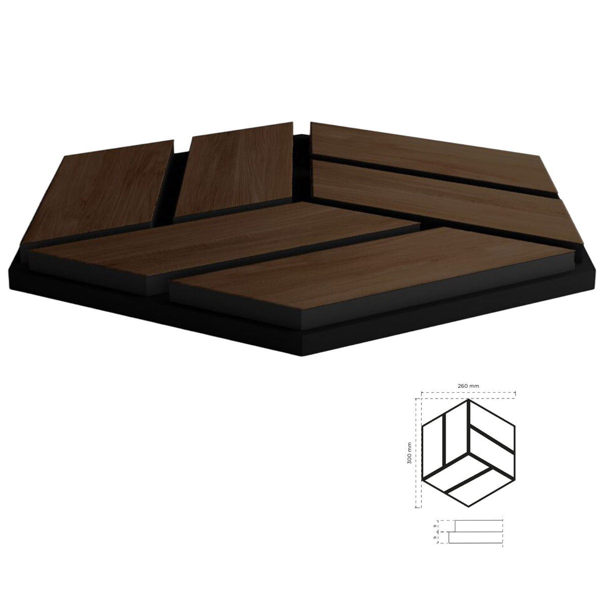 Pannello acustico professionale decorativo Esagonale 300x260x18mm in VERO LEGNO+Pet+Mdf "varie essenze" - Eternal Parquet