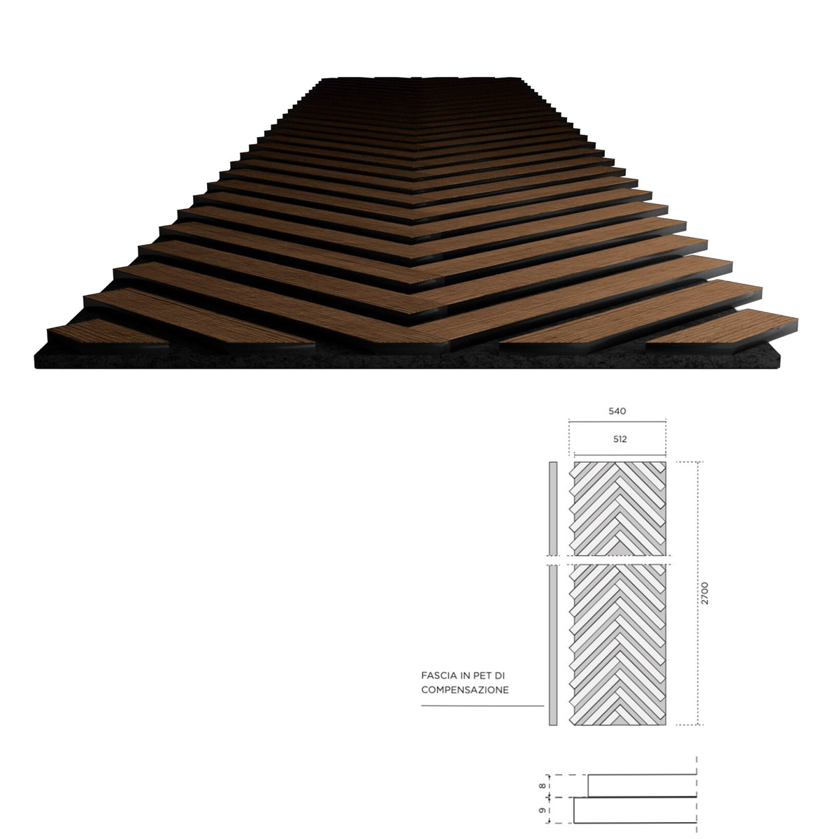 Pannello acustico professionale decorativo Spina Italiana 2700x540x17mm in VERO LEGNO+Pet+Mdf "varie essenze" - Eternal Parquet