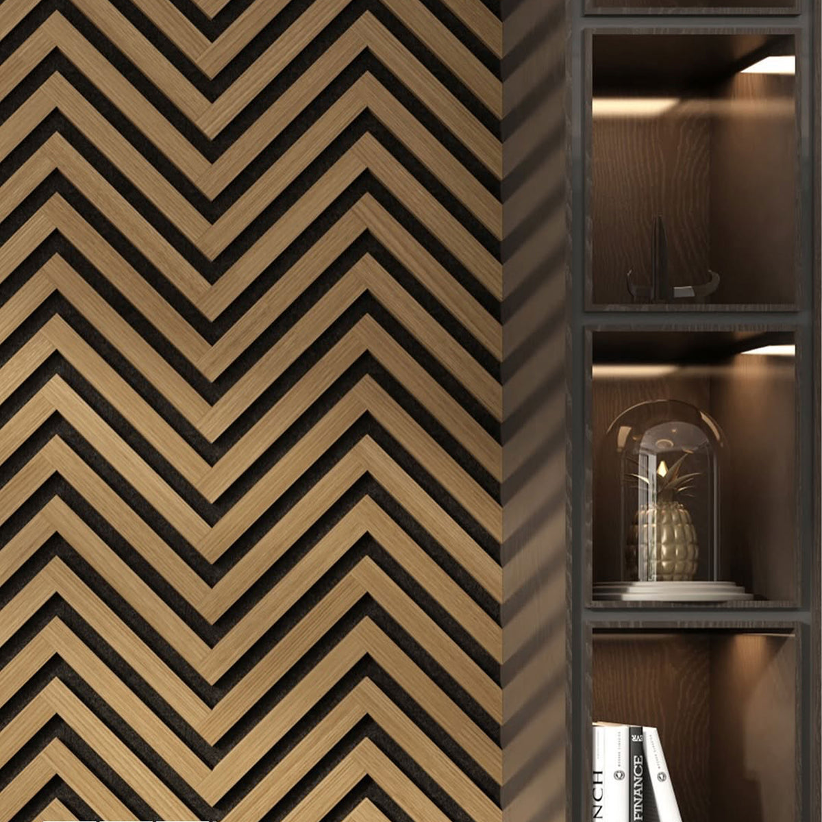 Pannello acustico professionale decorativo Spina Italiana 2700x540x17mm in VERO LEGNO+Pet+Mdf "varie essenze" - Eternal Parquet