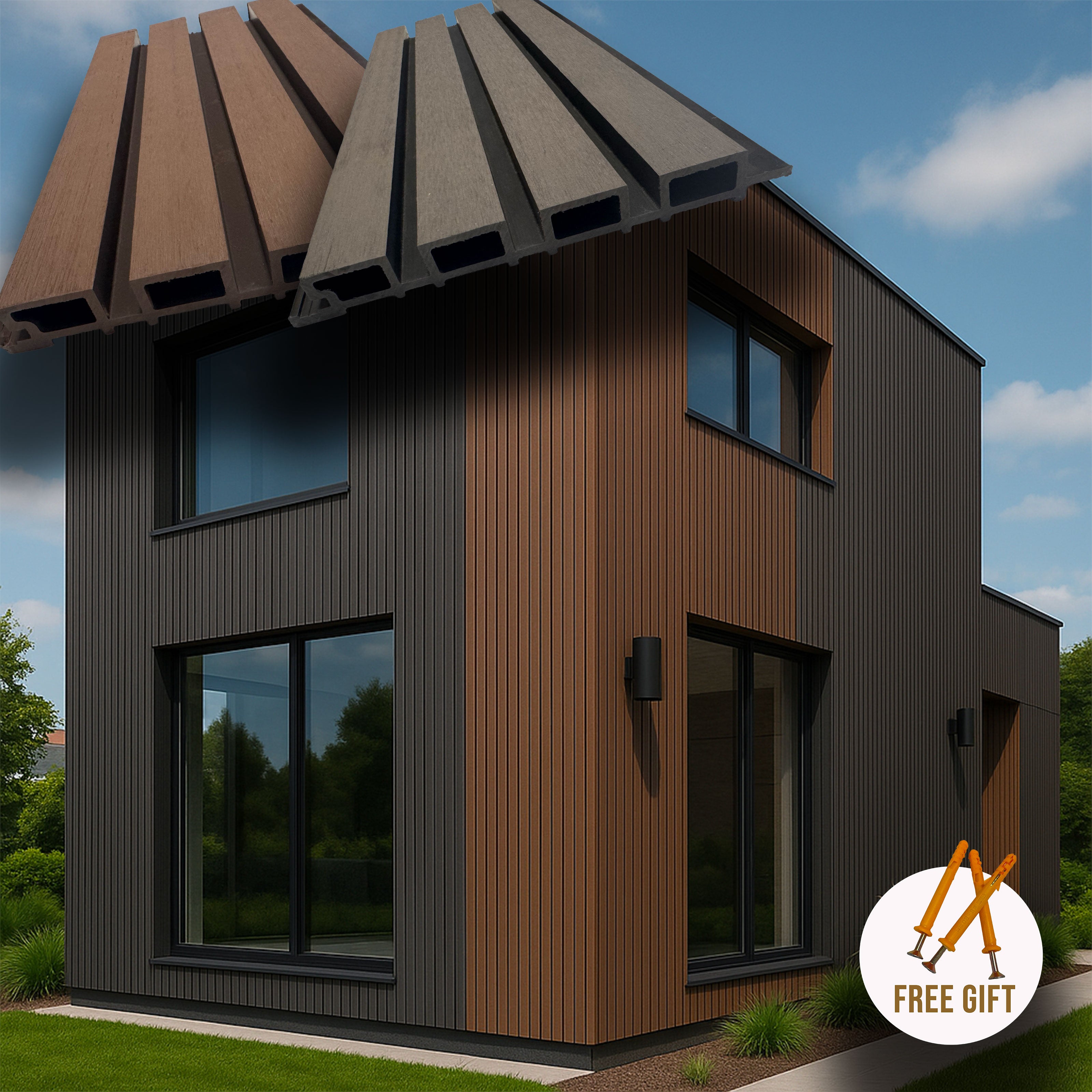 Barra intera WPC rivestimento esterno a lamelli 219x26x2900mm (LxSxA) con tasselli omaggio Coffee o Grey - Eternal Parquet