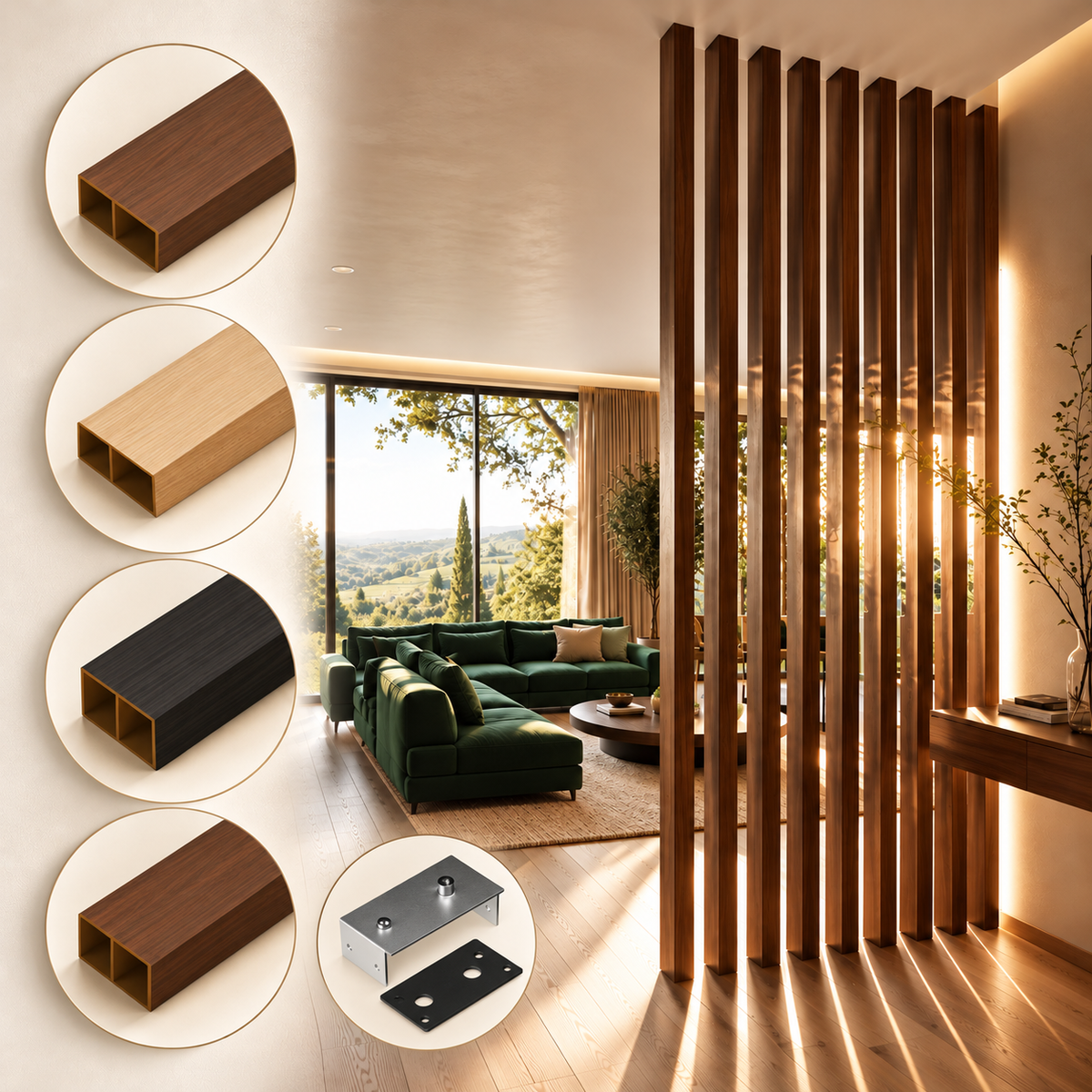 SIPA PURE Divisorio Frangiluce Separè in PVC Effetto Legno – Singole Doghe Fisse o Girevoli + accessori 75x50x2900mm