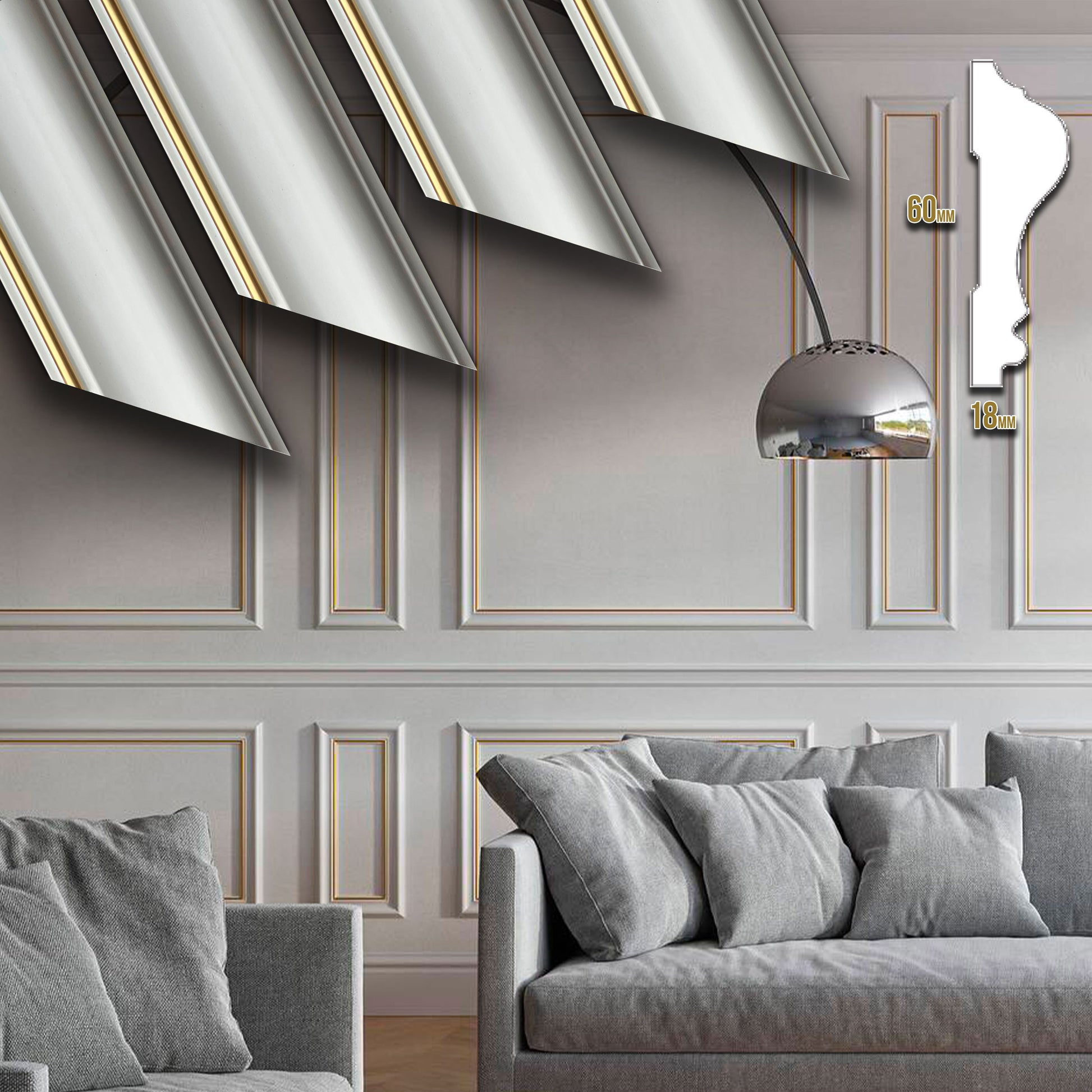 4 barre intere PRETAGLIATE AD ANGOLO per Bugna Boiserie in polimeri linea GOLD (filo oro) bianco Avorio 9010 varie dimensioni - Eternal Parquet