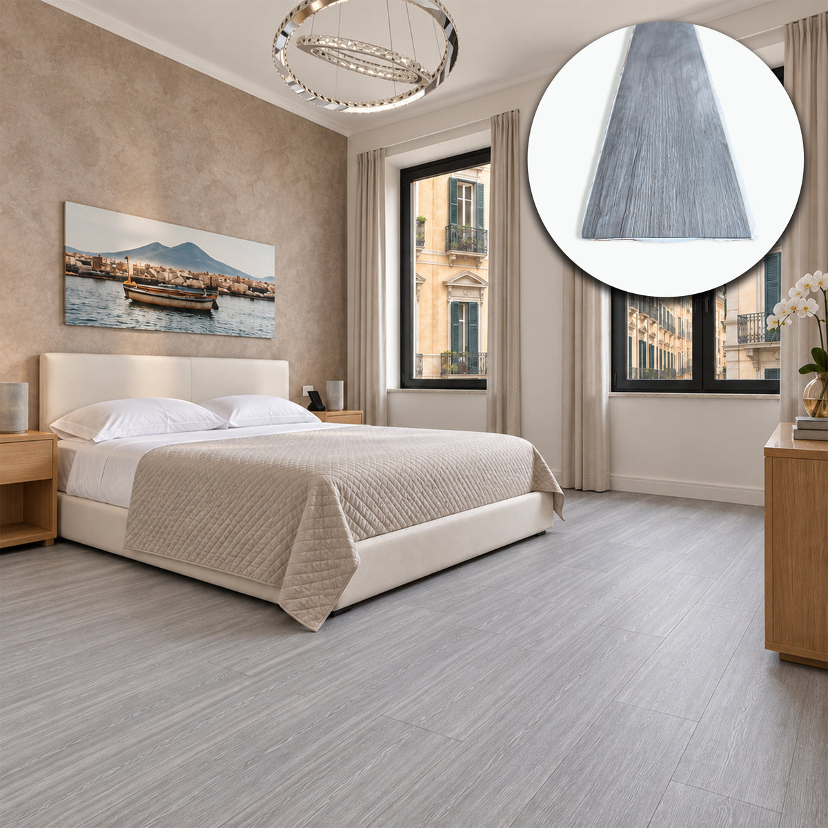 Pavimento LVT Autoadesivo Effetto Rovere Grigio Perla 914x152x2 mm – Antigraffio, Resistente all'Acqua e Ignifugo