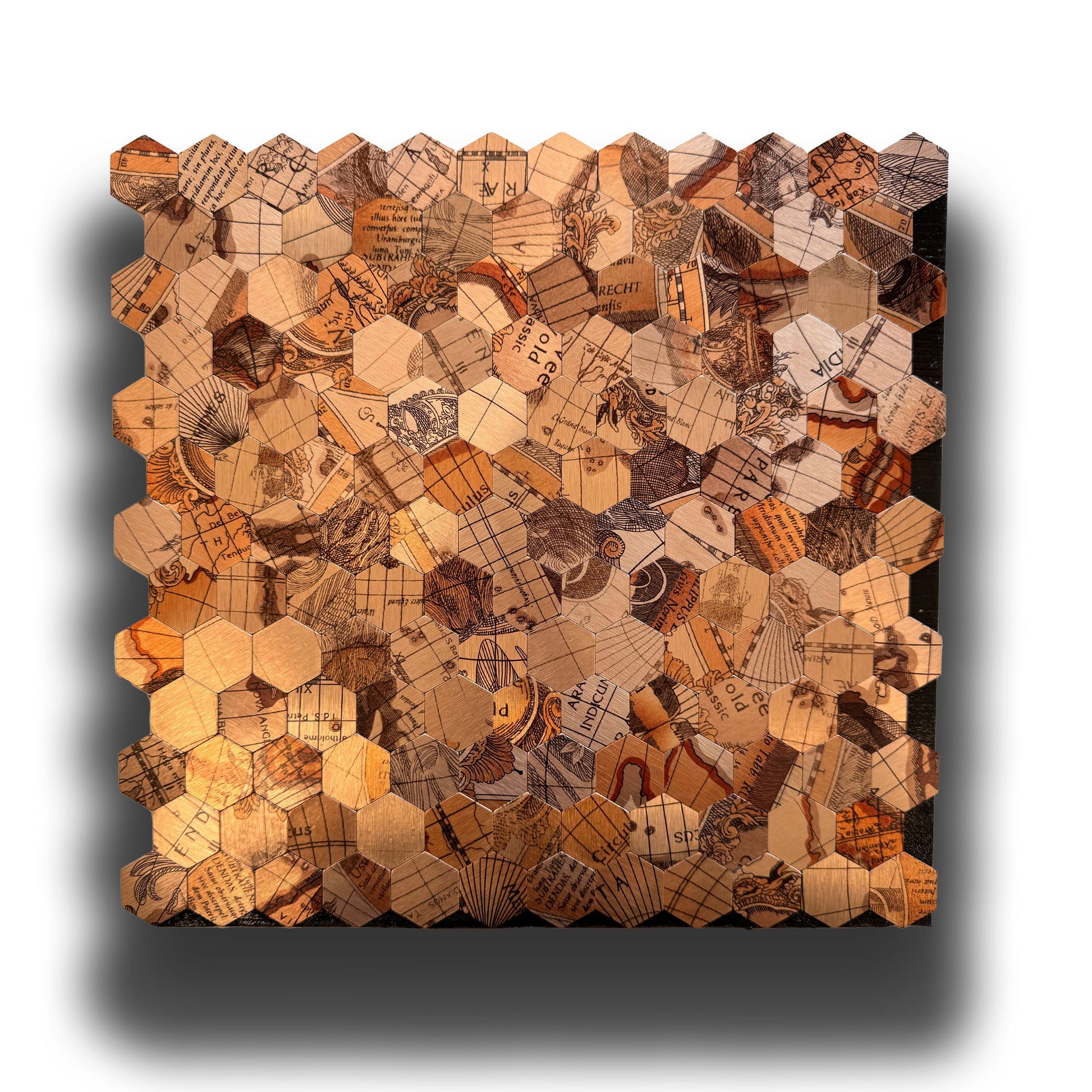 TOP! Piastrella autoadesiva in vero alluminio serigrafato esagoni OLD MAP 30x30cm (sp. 3mm) color RAME - Eternal Parquet