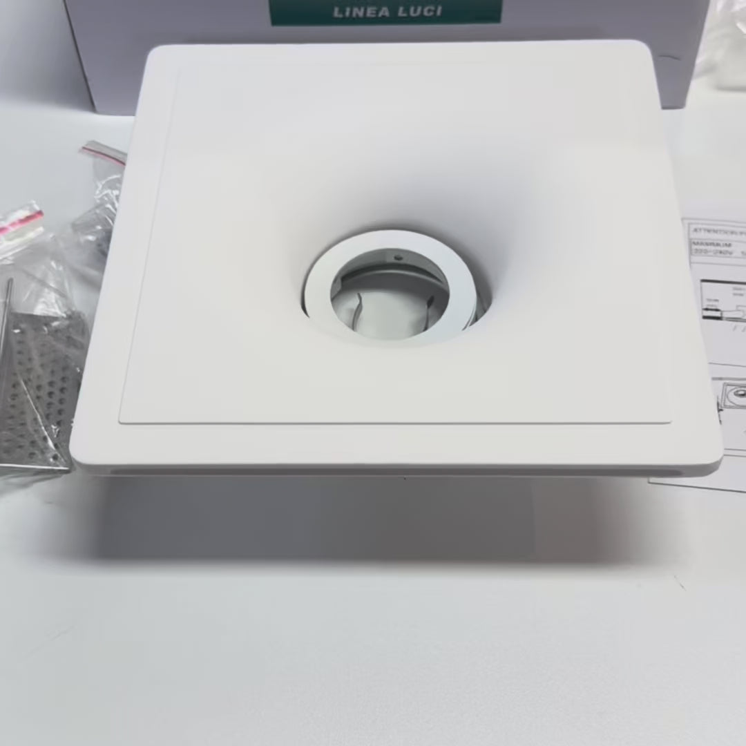 Charger la vidéo : *EN STOCK* Douille encastrée réglable pour spot en plâtre céramique 155x155mm 40W GU10 IP20 