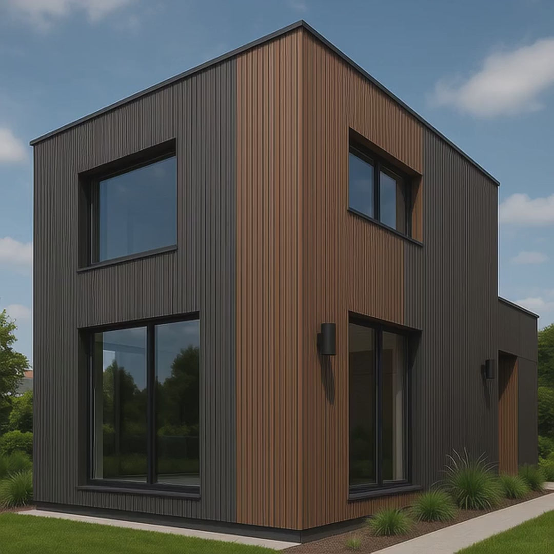 Carica video: Barra intera WPC rivestimento esterno a lamelli 219x26x2900mm (LxSxA) con tasselli omaggio Coffee o Grey