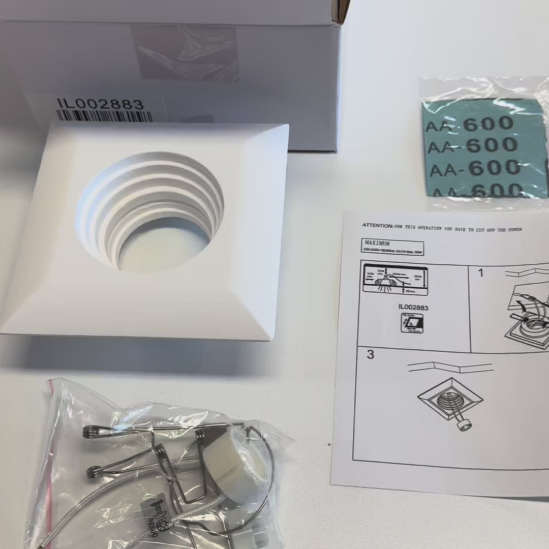Charger la vidéo : *EN STOCK* Douille encastrée pour spot en plâtre céramique 115 x 115 x 41 mm, trou rond, 35 W GU10, IP20 