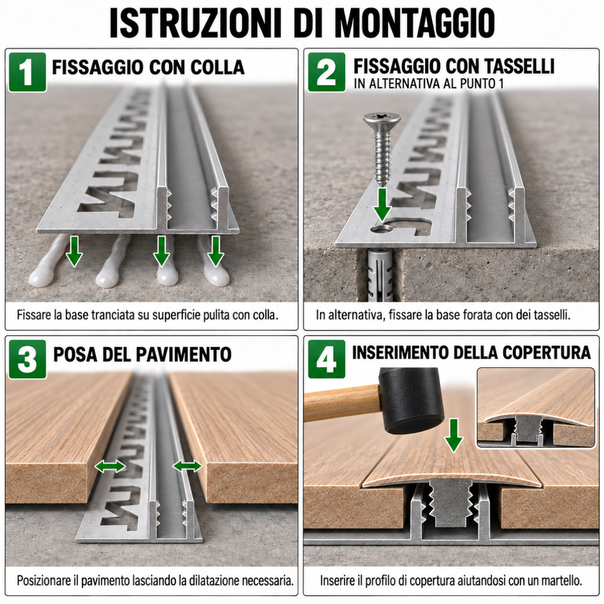 Profilo di Giunzione per Pavimenti SPC TAAC! in Alluminio Piatto o a Discesa 900 mm – Varie Colorazioni