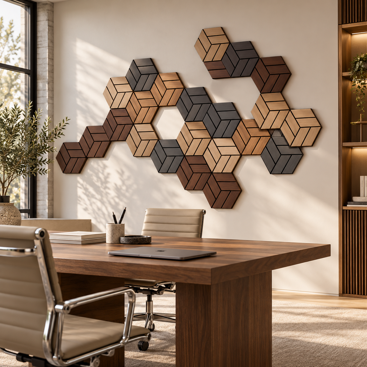 Pannello acustico professionale decorativo Esagonale 300x260x18mm in VERO LEGNO+Pet+Mdf "varie essenze" - Eternal Parquet