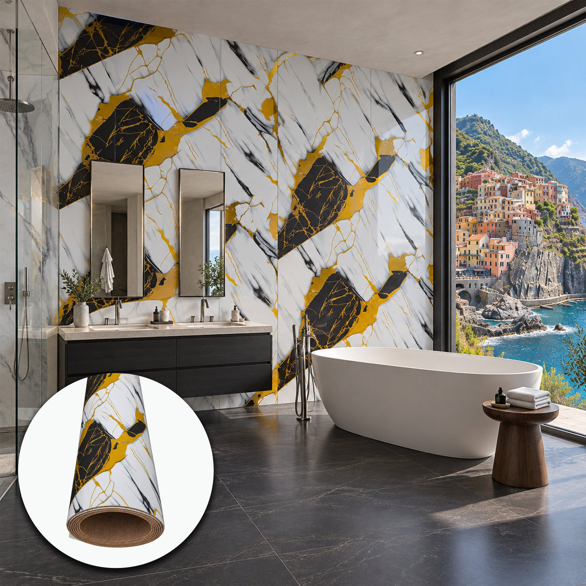 Rivestimento Autoadesivo SXP Effetto Marmo Brecciato Oro e Nero HI-RES 1200x3000x2,5 mm – Rotolo 3,6 m²
