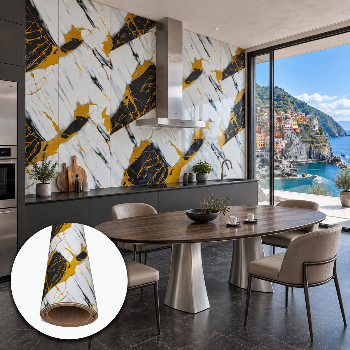 Rivestimento Autoadesivo SXP Effetto Marmo Brecciato Oro e Nero HI-RES 1200x3000x2,5 mm – Rotolo 3,6 m²