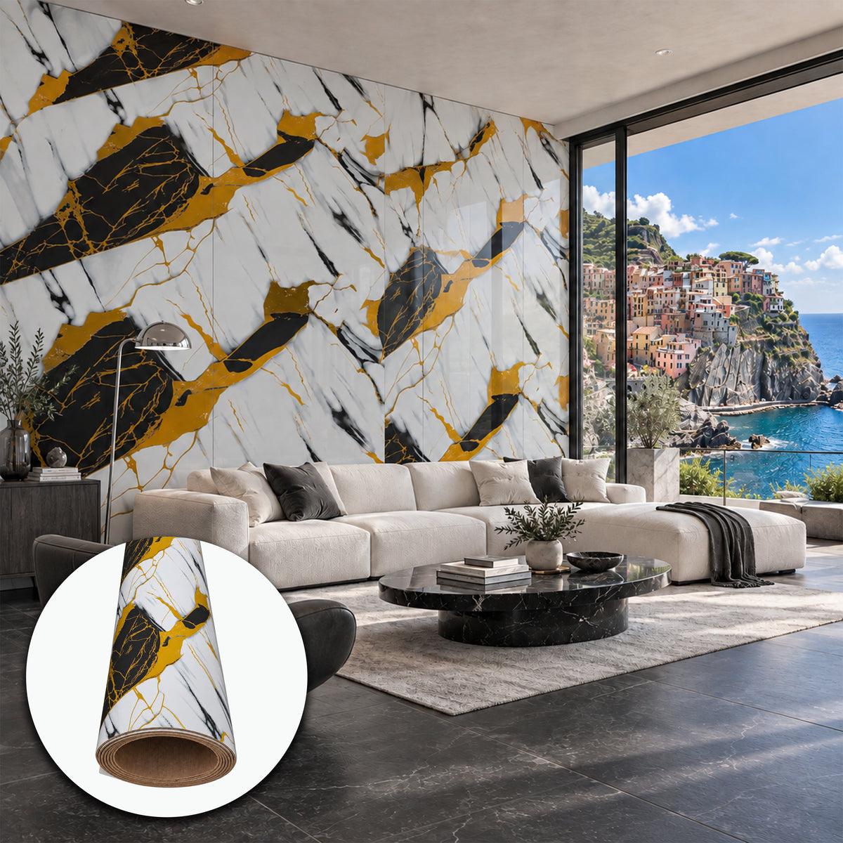 Rivestimento Autoadesivo SXP Effetto Marmo Brecciato Oro e Nero HI-RES 1200x3000x2,5 mm – Rotolo 3,6 m²