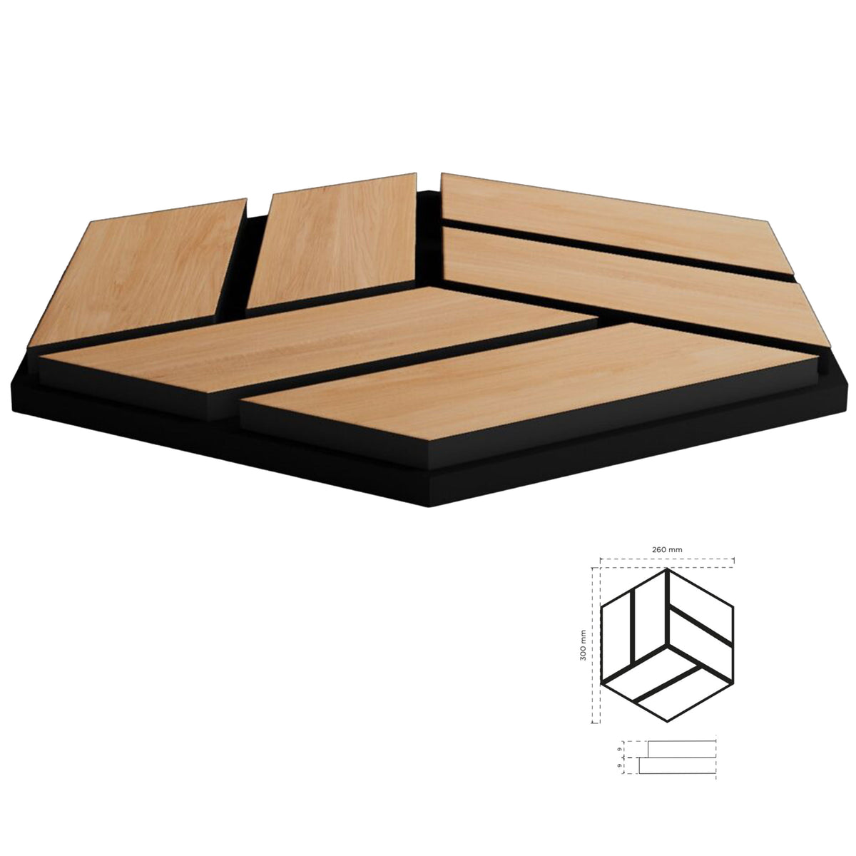 Pannello acustico professionale decorativo Esagonale 300x260x18mm in VERO LEGNO+Pet+Mdf "varie essenze" - Eternal Parquet
