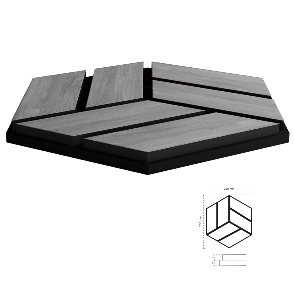 Pannello acustico professionale decorativo Esagonale 300x260x18mm in VERO LEGNO+Pet+Mdf "varie essenze" - Eternal Parquet
