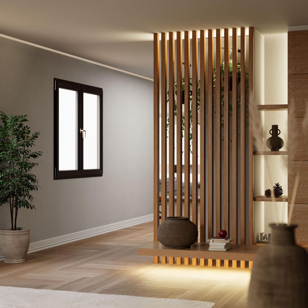 SIPA PURE Divisorio Frangiluce Separè in PVC Effetto Legno – Singole Doghe Fisse o Girevoli + accessori 75x50x2900mm