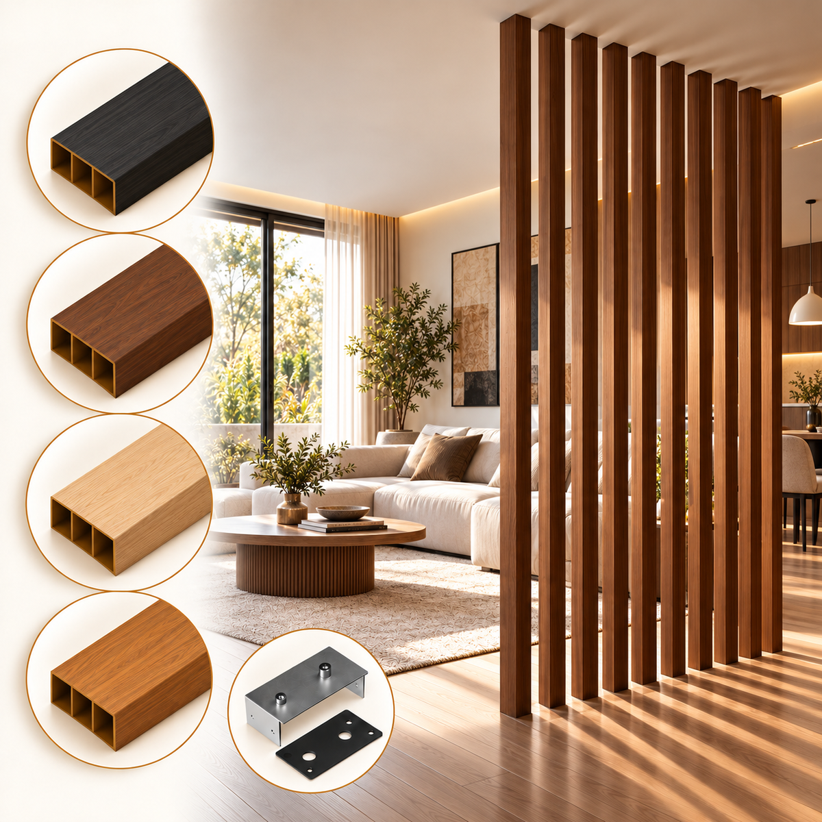 SIPA BOLD Divisorio Frangiluce Separè in PVC Effetto Legno – Singole Doghe Fisse o Girevoli + accessori 100x50x2900mm