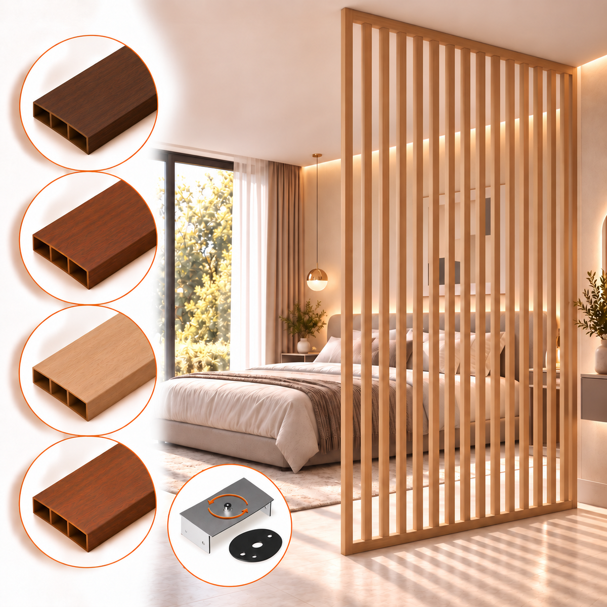 SIPA SLIM Kit completo (16 toghe+2 basi orizzontali+staffe GIREVOLI) Divisorio Frangiluce in PVC Effetto Legno – rifilabile  1525x2900mm