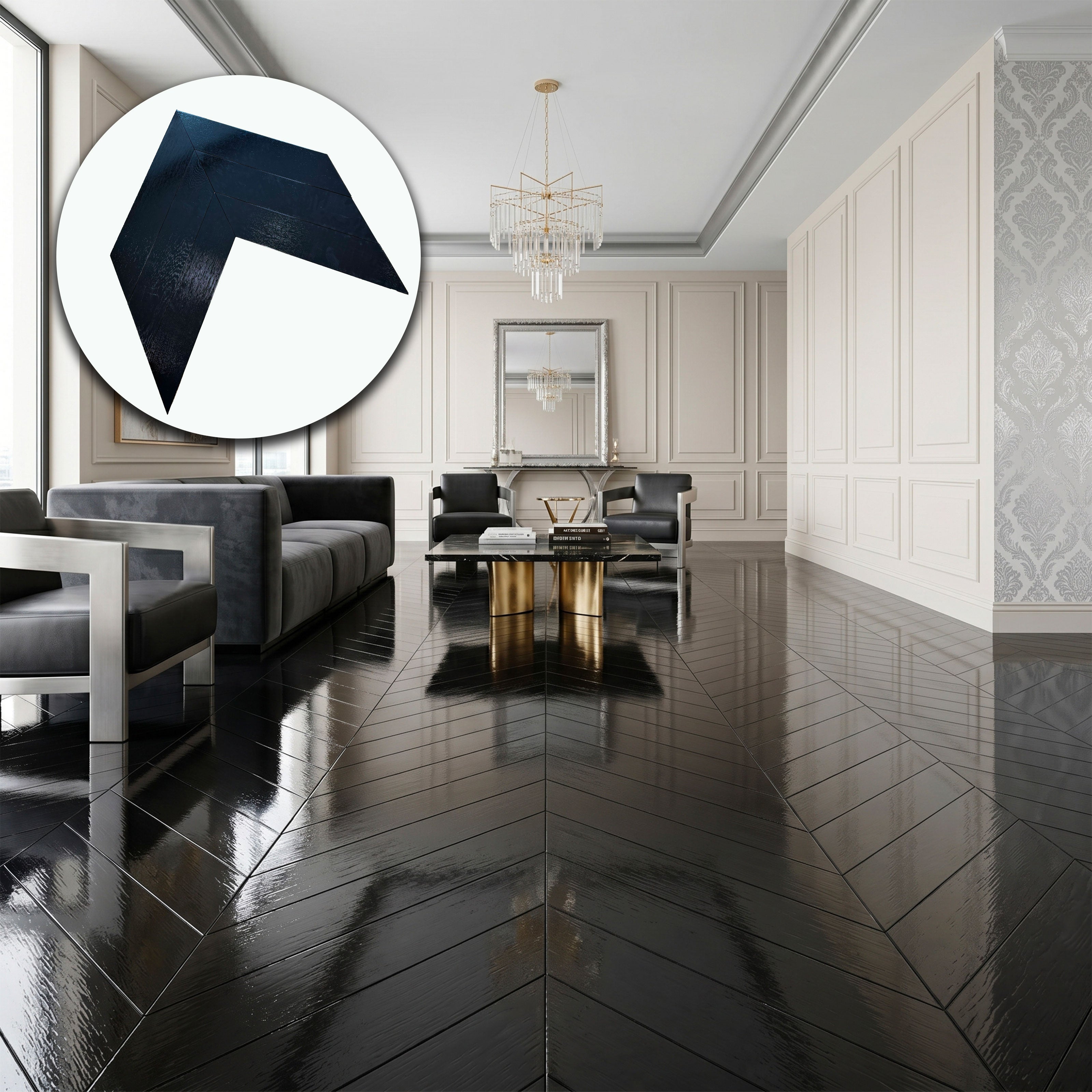 €33,90mq * STOCK GARBELOTTO * Lotto da 48mq di Spina Francese ROVERE NERO LUCIDO spazz. 14x150x690 (4mm nobile) - Eternal Parquet