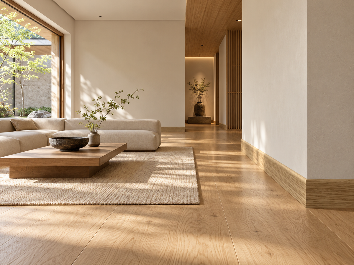 pacco da 100ML di BATTISCOPA BC in legno MASSELLO impiallacciato VERO LEGNO DI ROVERE 70x13 verniciato opaco poro aperto - Eternal Parquet