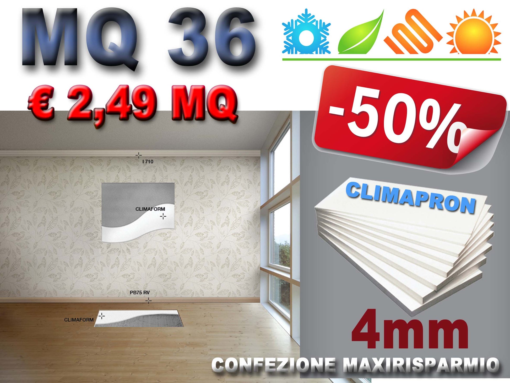 MQ 36 di CLIMAPRON 4mm pannelli PS espanso in Lastre alta densità isolanti ed intonacabili per pareti, sottotetti e sottopavimenti. isolamento termico, acustico e antiumido. 60X120CM - Eternal Parquet