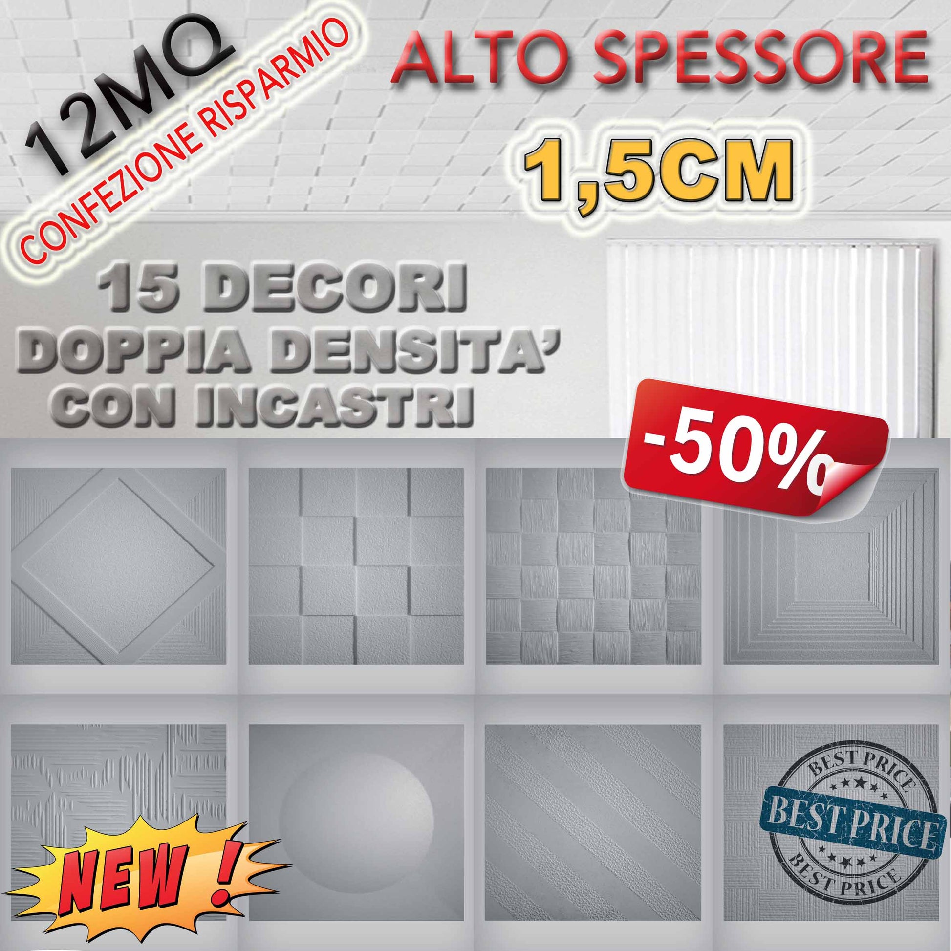 * CONFEZIONE MAXIRISPARMIO * MQ 12 di pannelli in polistirene espanso / polistirolo a soffitto ALTO SPESSORE 1,5cm  decorativi 3D antimuffa, isolanti termo/acustici DOPPIA DENSITA' con incastri 50x50cm - Eternal Parquet