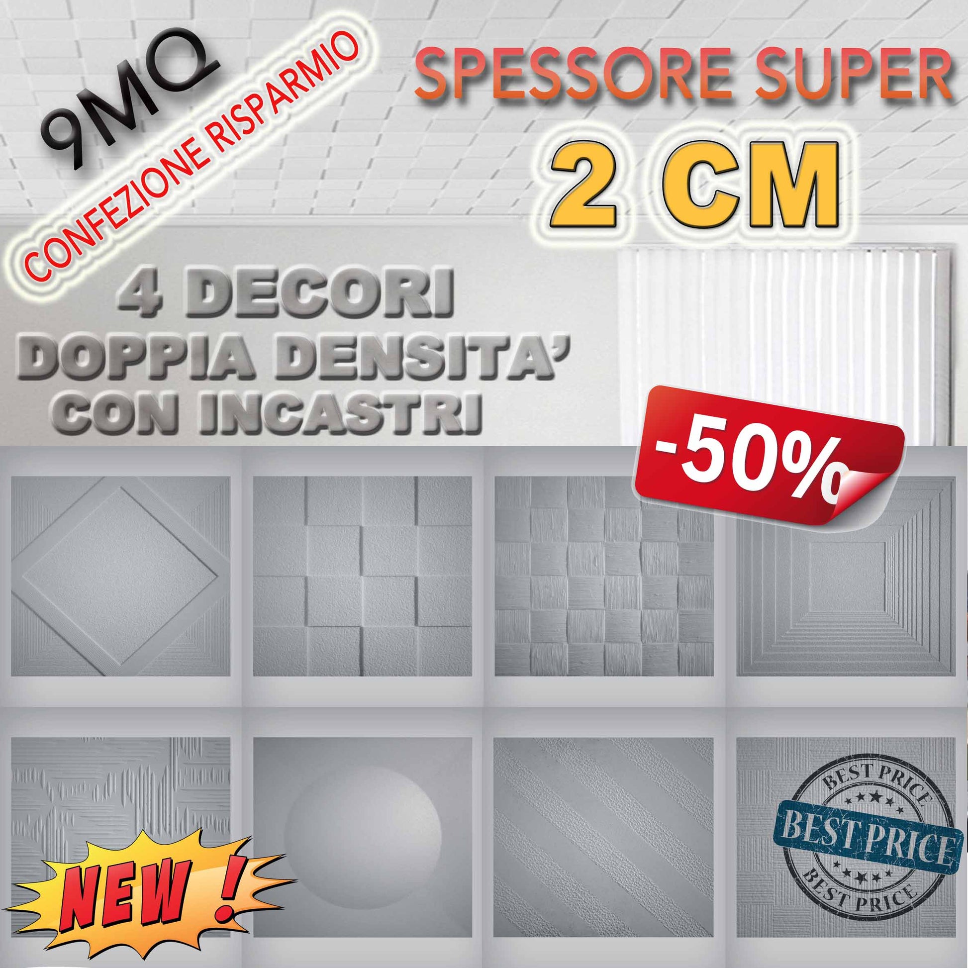 * CONFEZIONE MAXIRISPARMIO * MQ 9 di pannelli in polistirene espanso / polistirolo a soffitto SPESSORE SUPER 2cm  decorativi 3D antimuffa, isolanti termo/acustici DOPPIA DENSITA' con incastri 50x50cm - Eternal Parquet