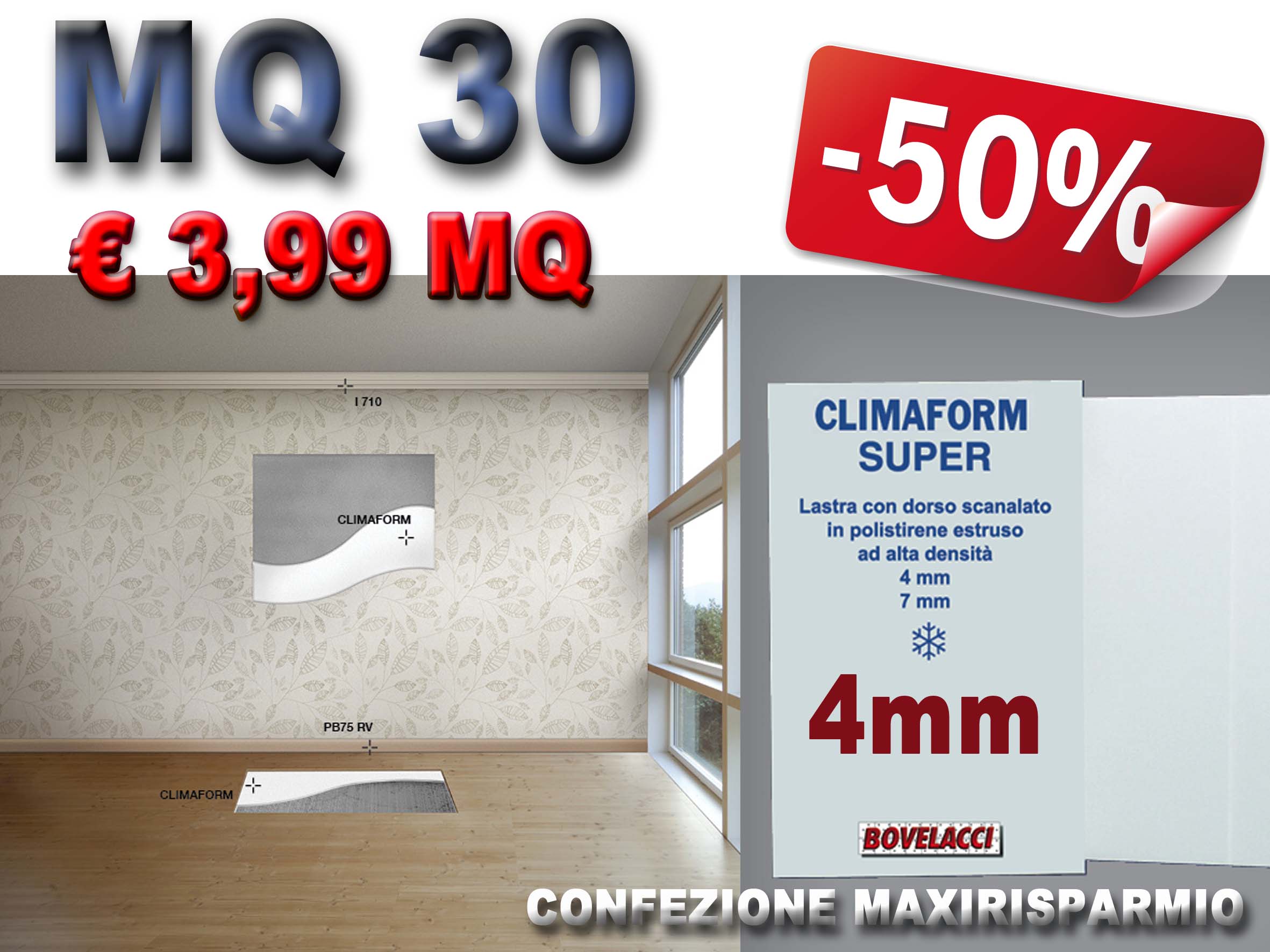 MQ 30 di CLIMAFORM SUPER 4mm  pannelli alta densità isolanti ed intonacabili per pareti, sottotetti e sottopavimenti. isolamento termico, acustico e antiumido. 80X250CM - Eternal Parquet