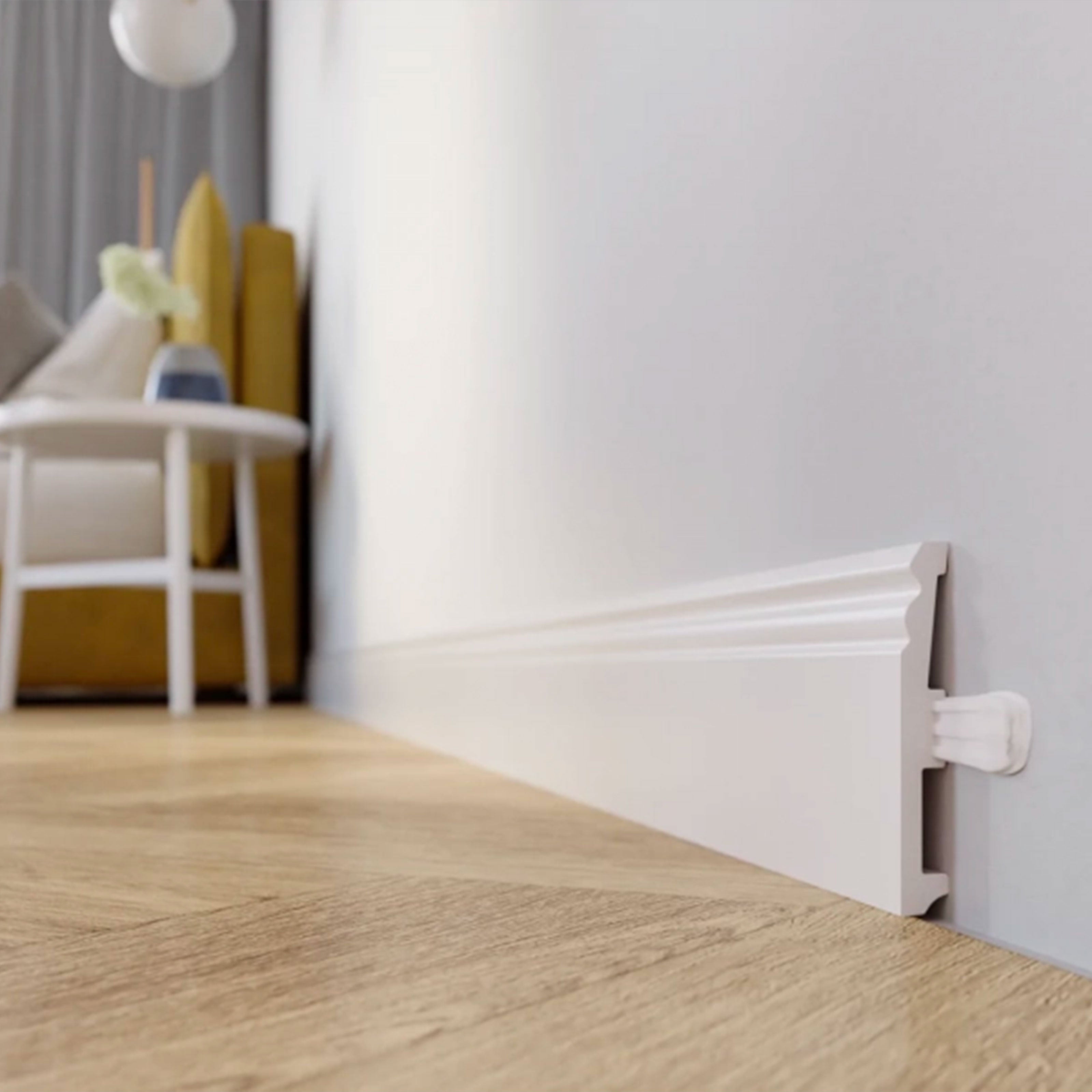 Ducale skirting board in White Polystructured Duropolymer 100x14 Cable  gland