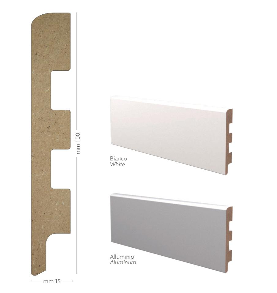 Battiscopa Zoccolino Passacavo Salvamuro ECONOMICO MDF 100X15 BIANCO o ALLUMINIO - Eternal Parquet