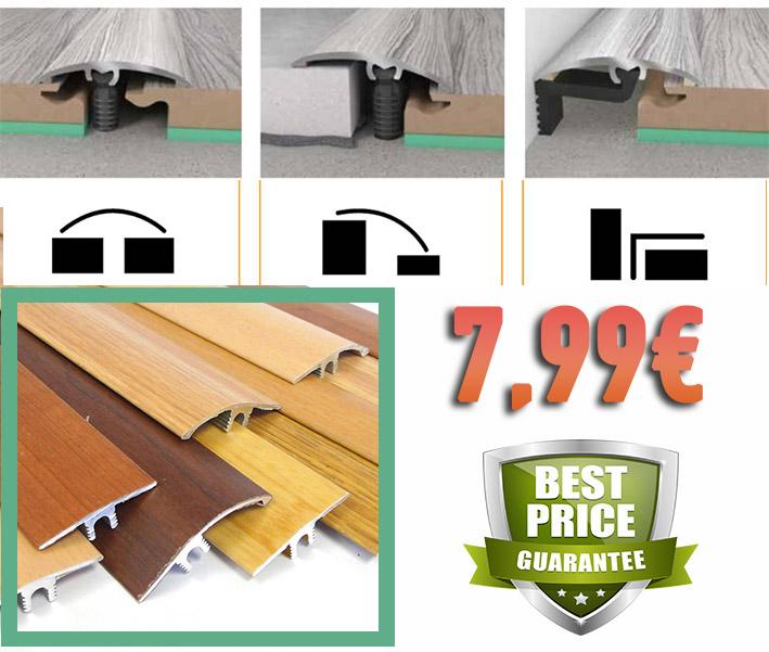 Profilo in Alluminio per parquet e laminati in 34 decori posa 2in1 da 93cm 3in1 (di compensazione o dilatazione , a scendere, di chiusura) (biadesivo e tasselli) - Eternal Parquet