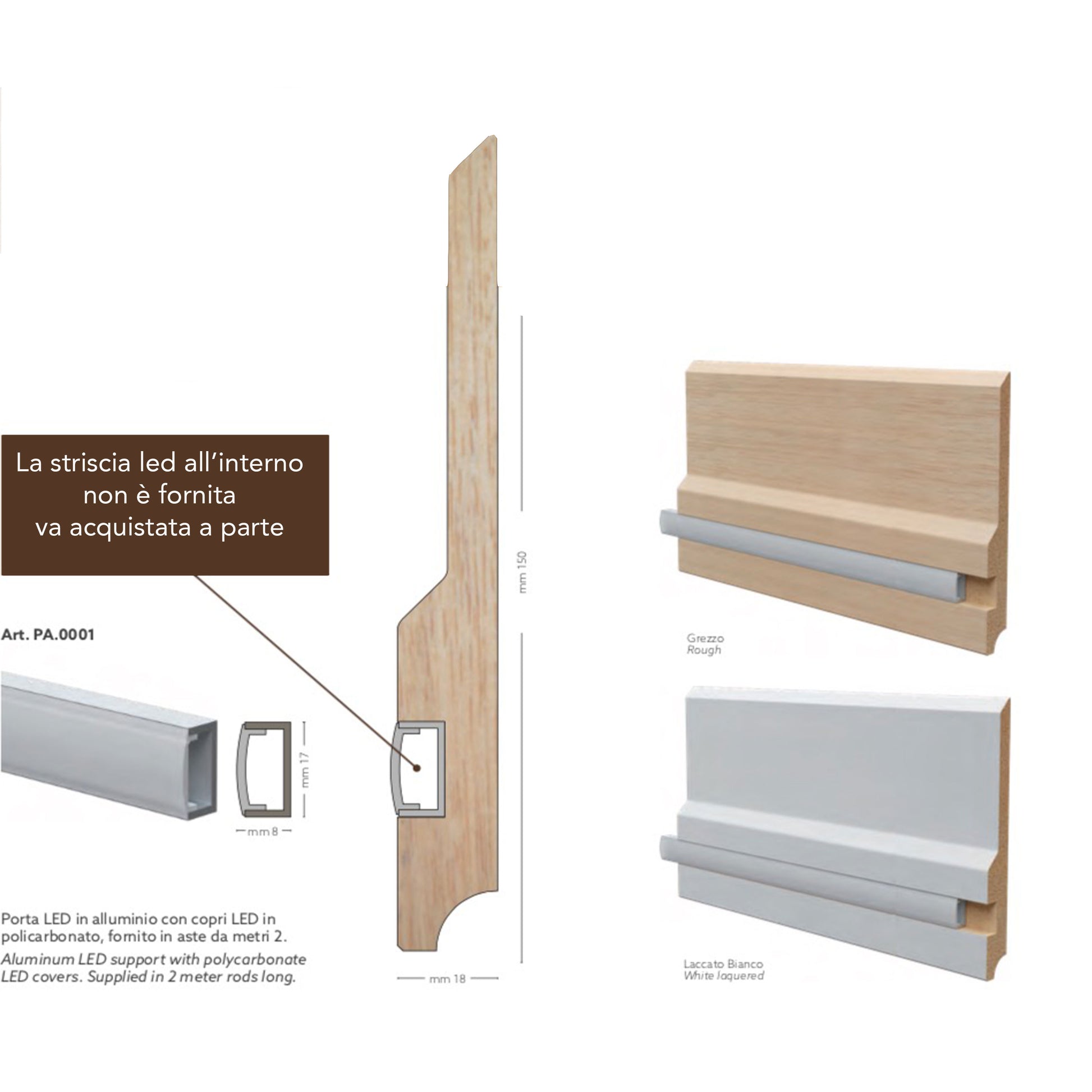 20ML o multipli di BATTISCOPA LED in legno MASSELLO mod. SKYLINE 150x18 + portaled Alluminio - Eternal Parquet