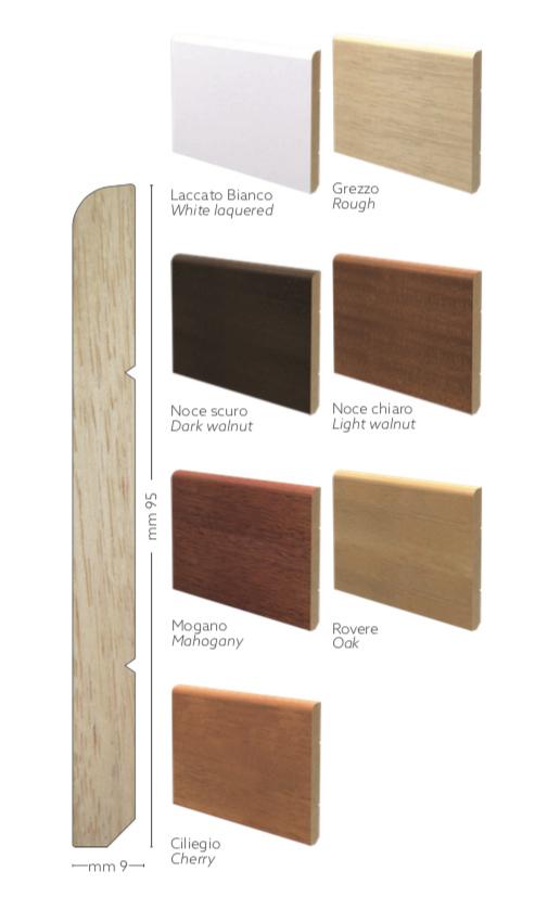 BATTISCOPA legno MASSELLO AYOUS Zoccolino BECCO DI CIVETTA BC 95X9 VARI COLORI - Eternal Parquet