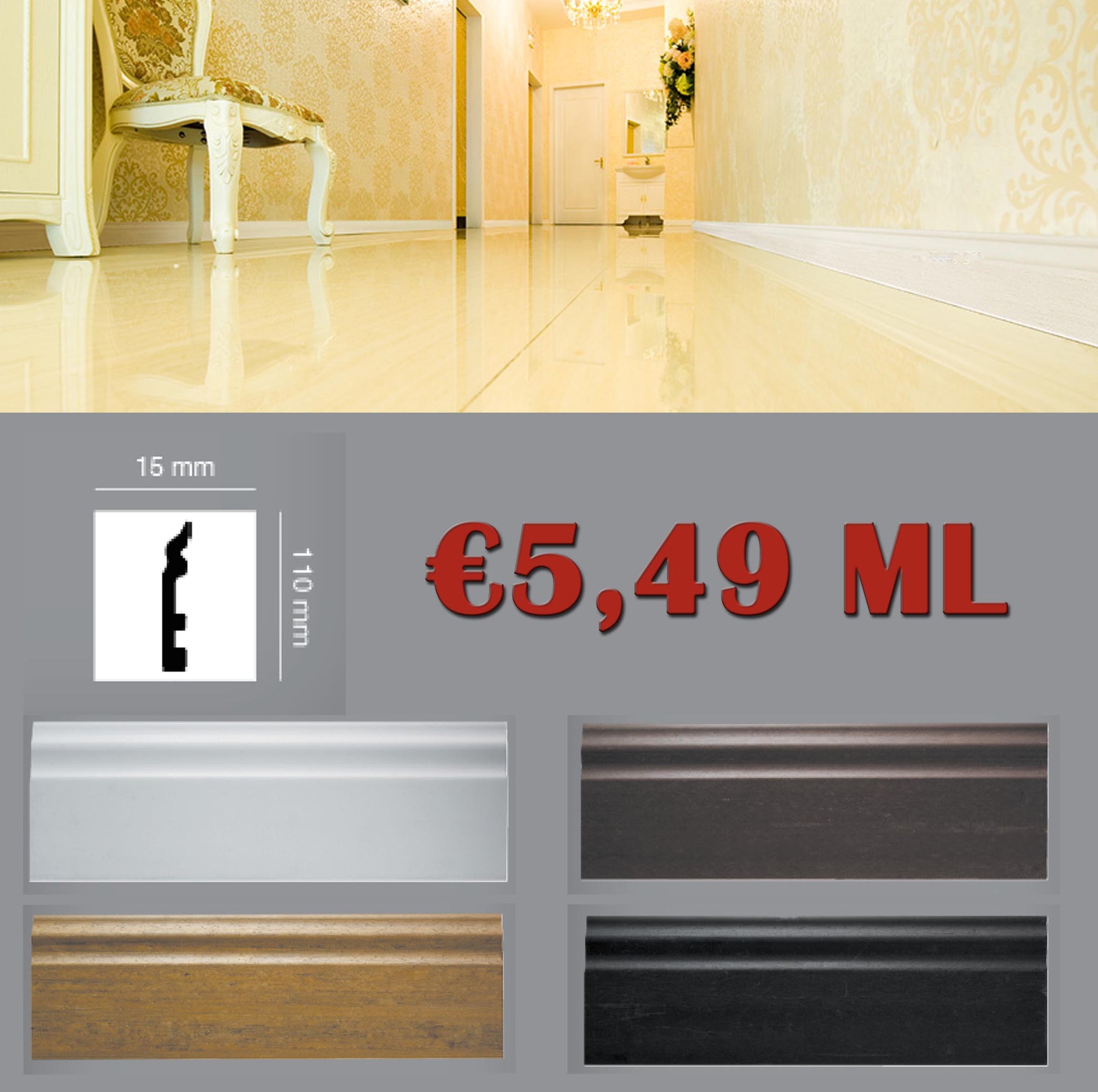 Battiscopa passacavo DUCALE in polistrutturato inscalfibile ML 24 4 colori 15x110 - Eternal Parquet