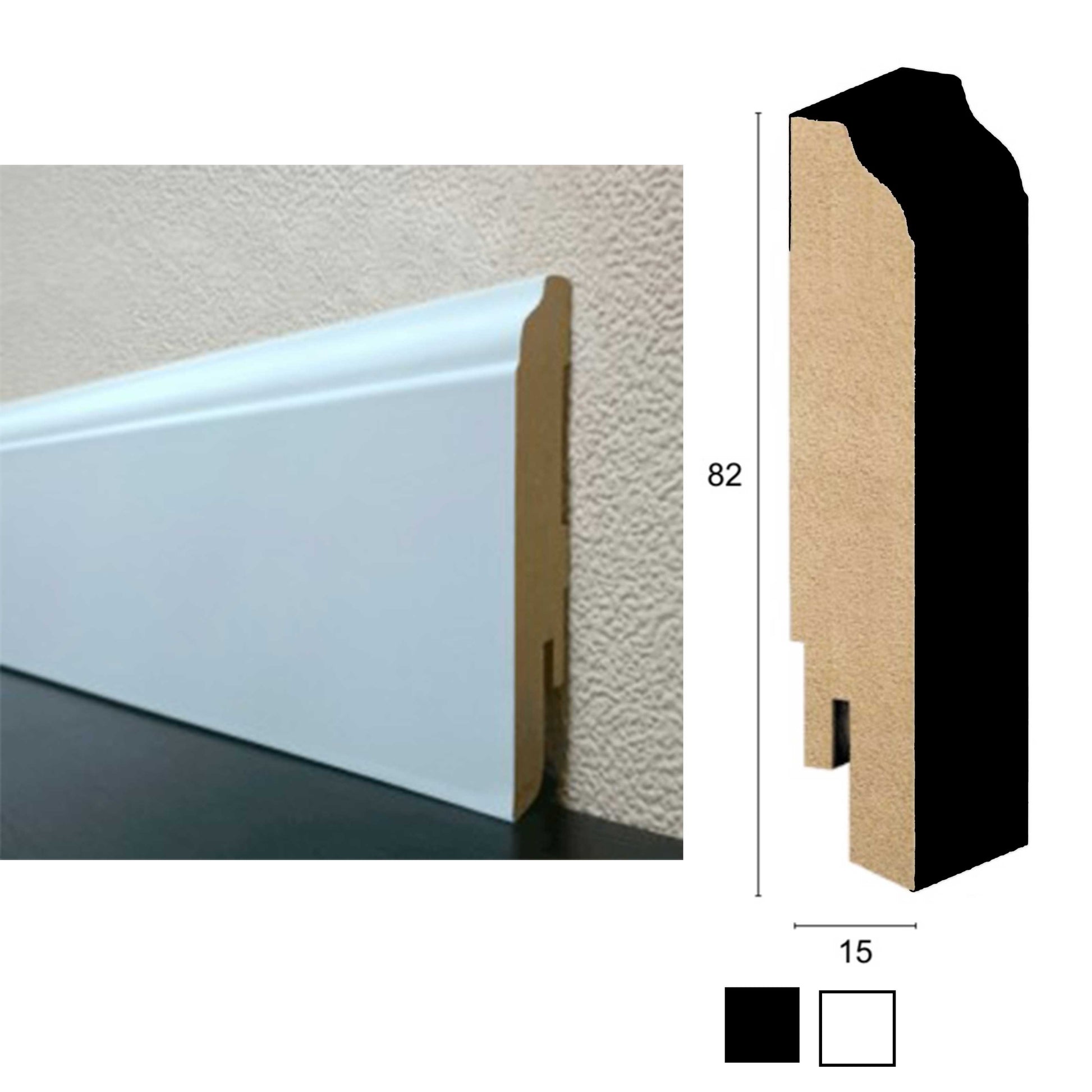 da 5,99€ml BATTISCOPA ZOCCOLINO in FIBRA DI LEGNO mod. MURANO 82X15 - RAL 9003-9010-1013 (con clip e angoli compatibili acquistabili)  Anche NERO - Eternal Parquet