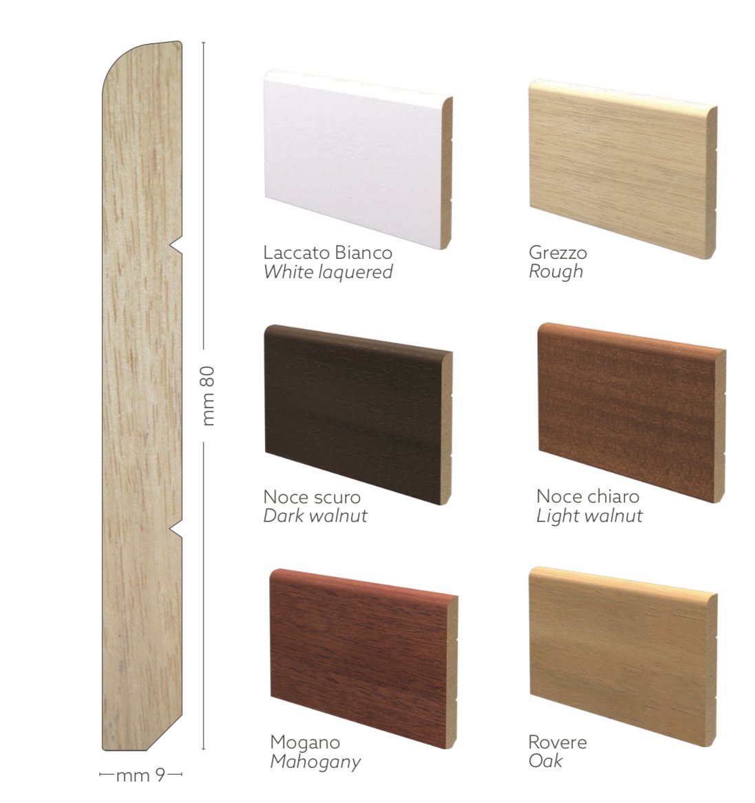 BATTISCOPA in legno Zoccolino MASSELLO AYOUS Becco di civetta 80X9 VARI COLORI - Eternal Parquet
