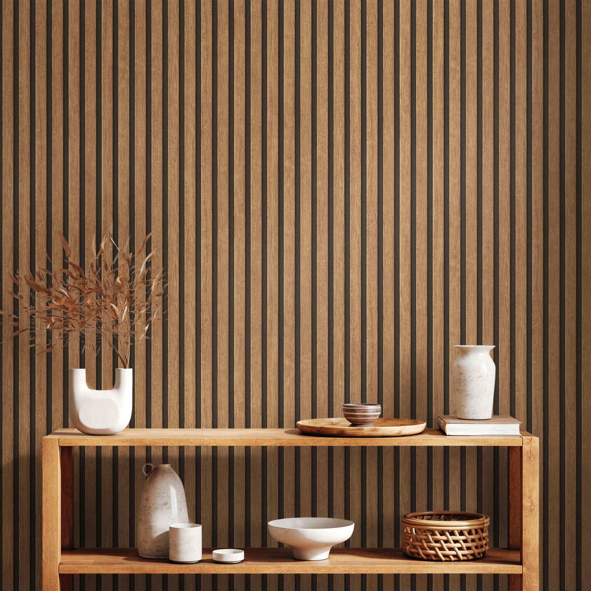 Rotolo da 5 mq di Carta da Parati LAMELLI LEGNO MILLERIGHE 3D effetto Boiserie ROVERE - Eternal Parquet