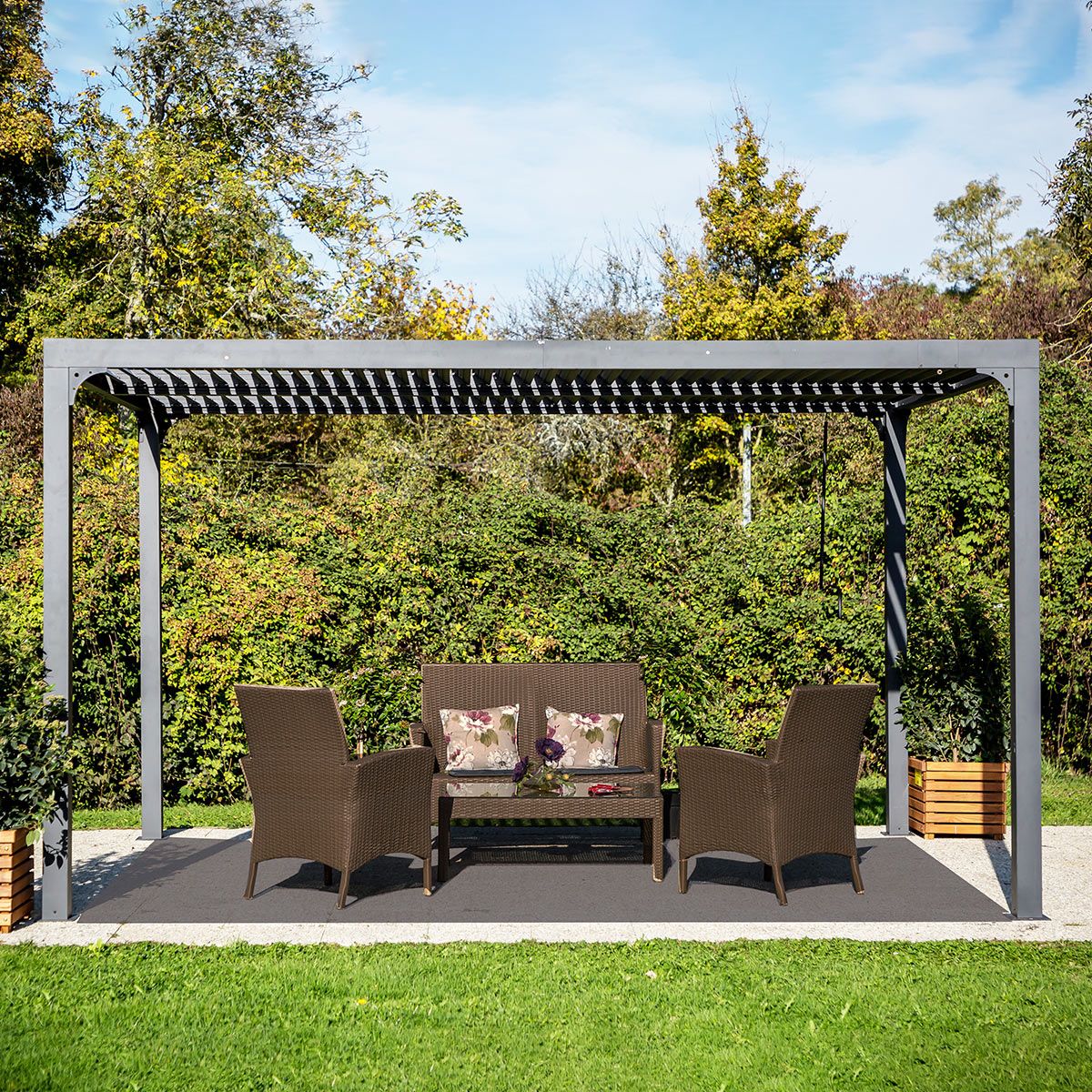 Pergola Bioclimatica In Alluminio Apertura Manuale Ripara Sole Pioggia 360x300cm - Eternal Parquet