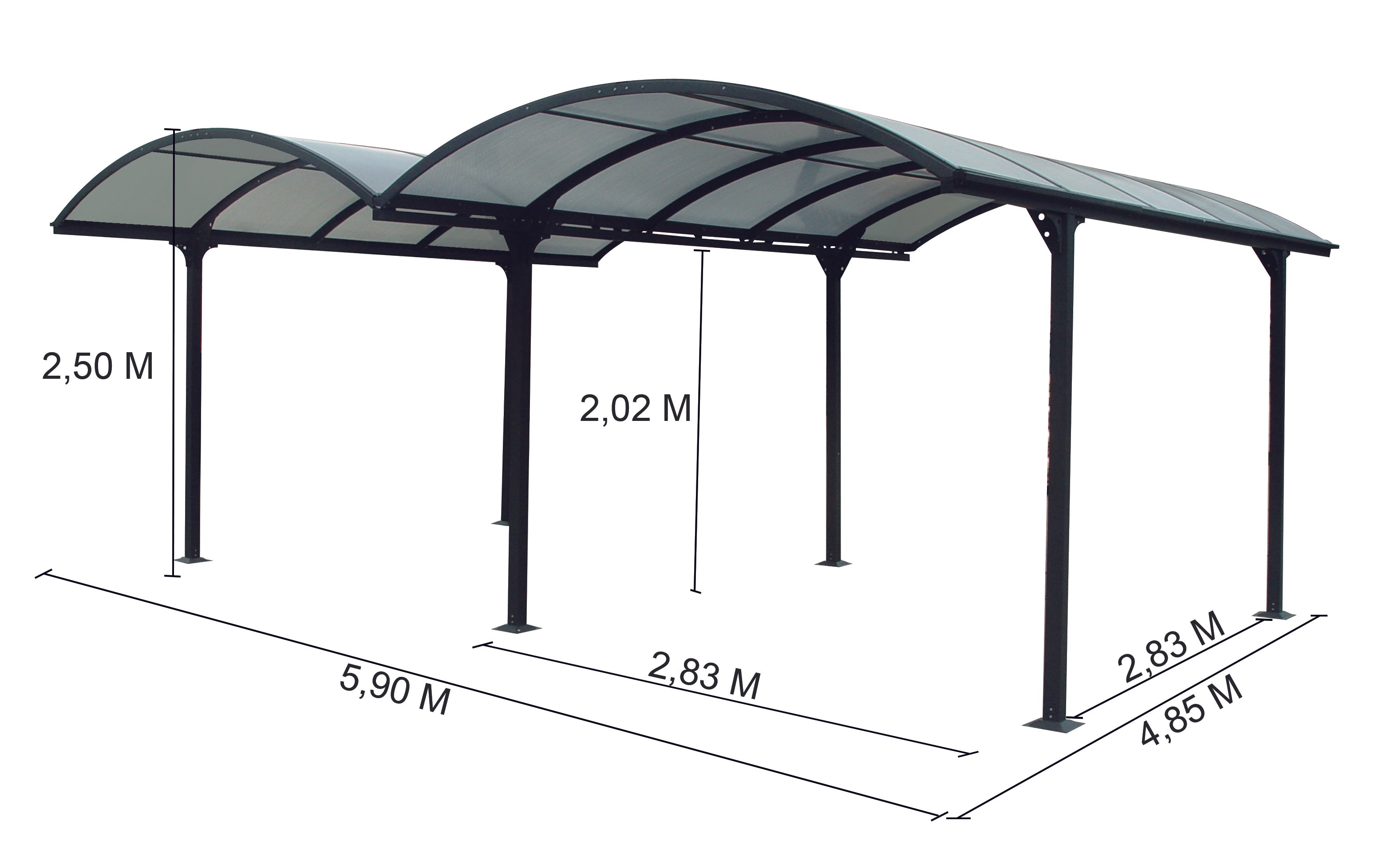 Tettoia  Arrotondata Per 2 Posti Auto In Alluminio E Policarbonato Alveolare 600x480cm - Eternal Parquet