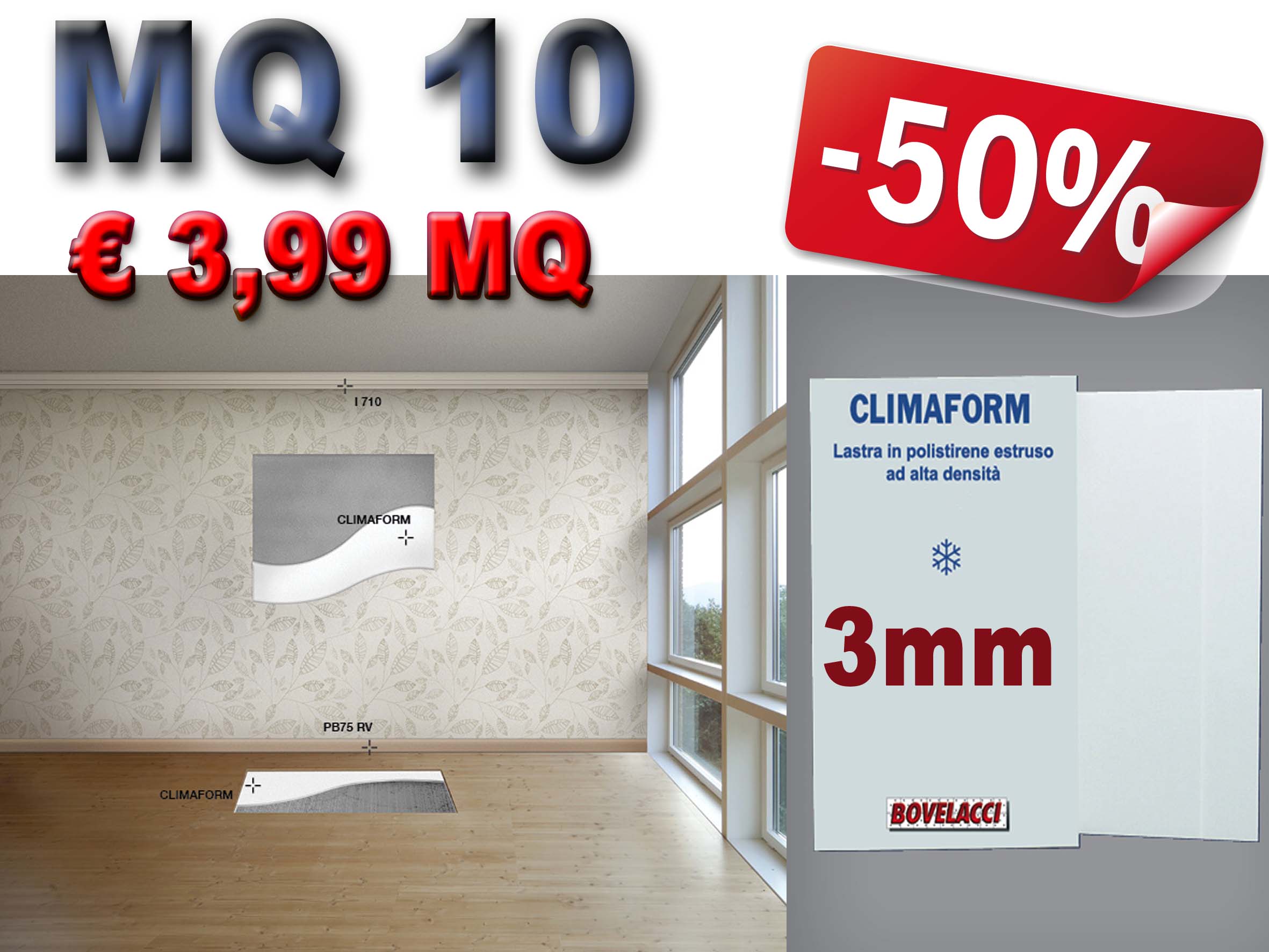 MQ 10 di CLIMAFORM 3mm  pannelli alta densità isolanti ed intonacabili per pareti, sottotetti e sottopavimenti. isolamento termico, acustico e antiumido. 80X125CM - Eternal Parquet