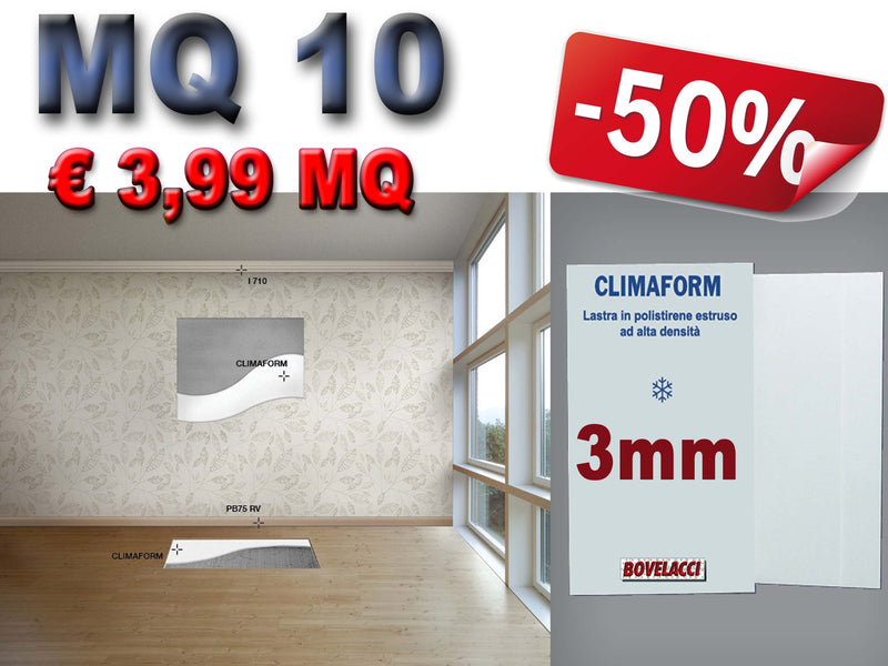 MQ 10 di CLIMAFORM 3mm  pannelli alta densità isolanti ed intonacabili per pareti, sottotetti e sottopavimenti. isolamento termico, acustico e antiumido. 80X125CM